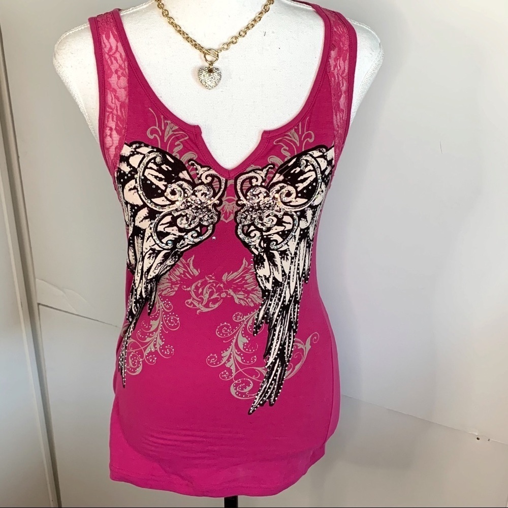 Bus Stop Women’s Pink Lace Sleeveless Bling Tee!